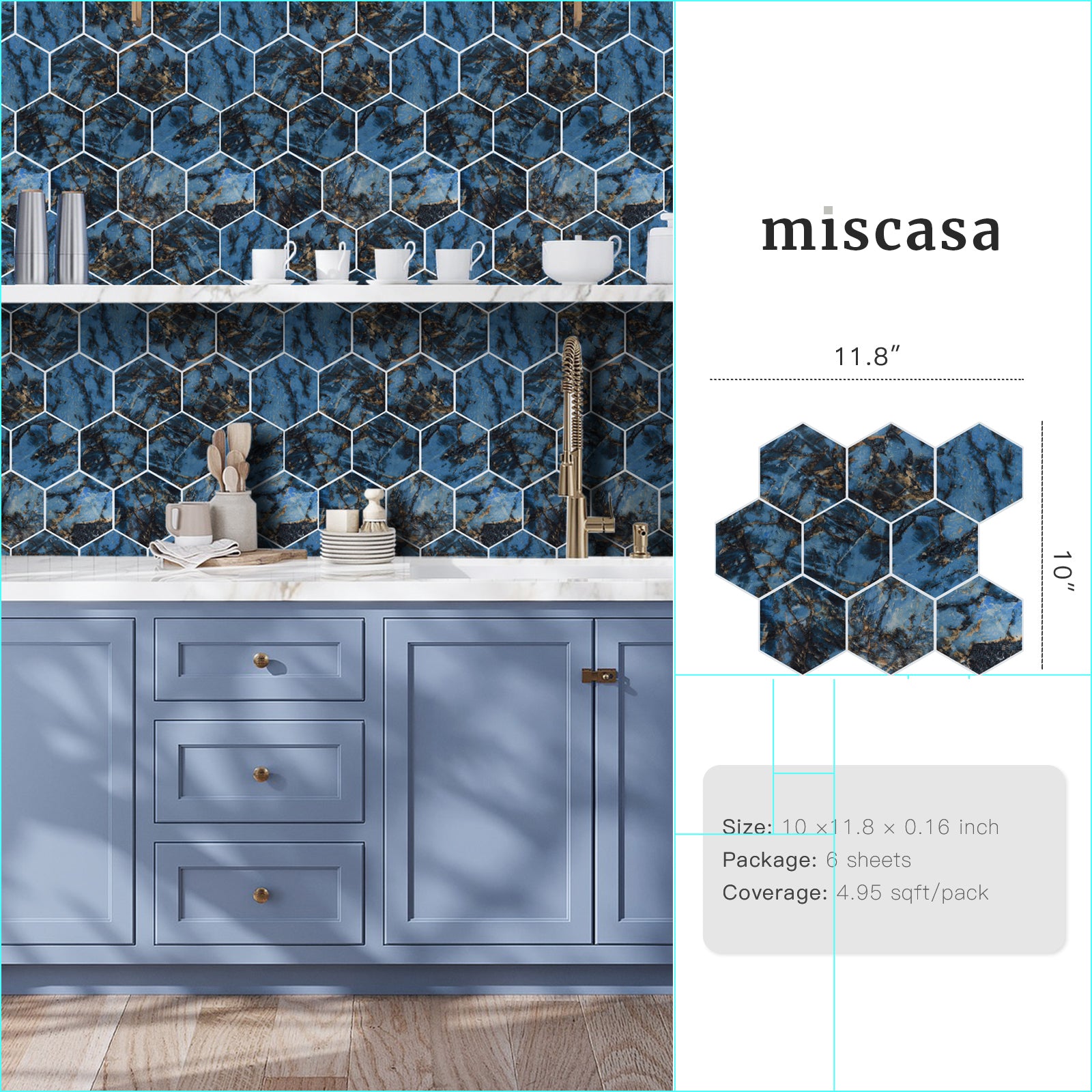 3D Blue Marble Hexagon Peel and Stick Wall Tile