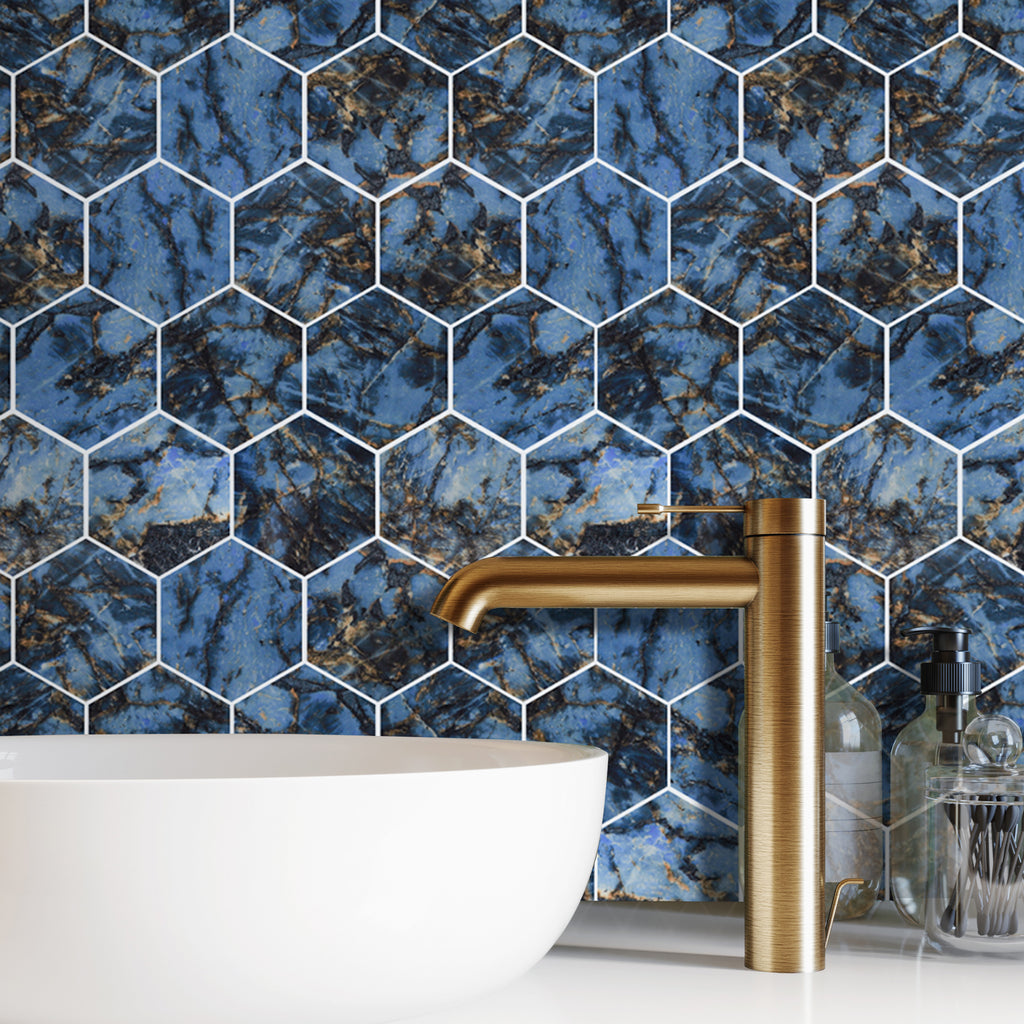 3D Blue Marble Hexagon Peel and Stick Wall Tile