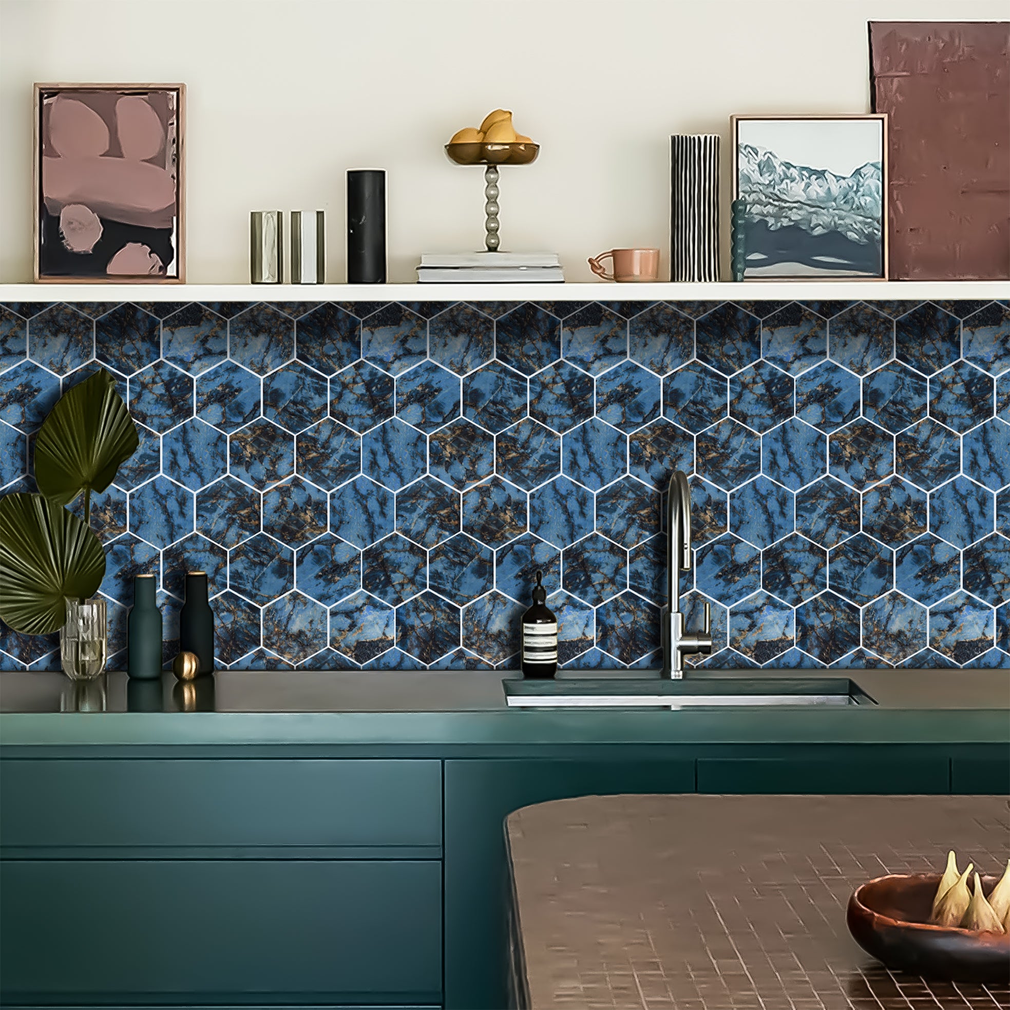 3D Blue Marble Hexagon Peel and Stick Wall Tile
