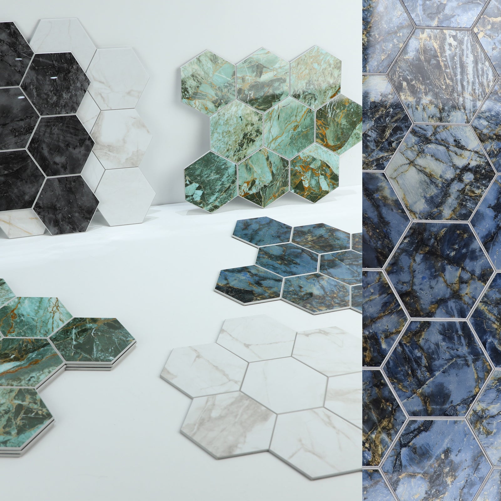 3D Blue Marble Hexagon Peel and Stick Wall Tile