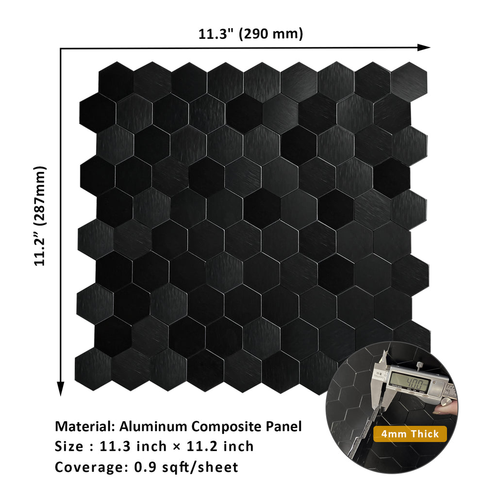 Black Aluminum Hexagon Peel and Stick Backsplash Tile