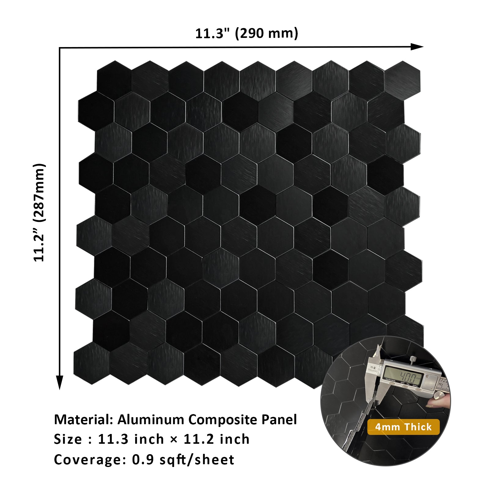 Black Aluminum Hexagon Peel and Stick Backsplash Tile