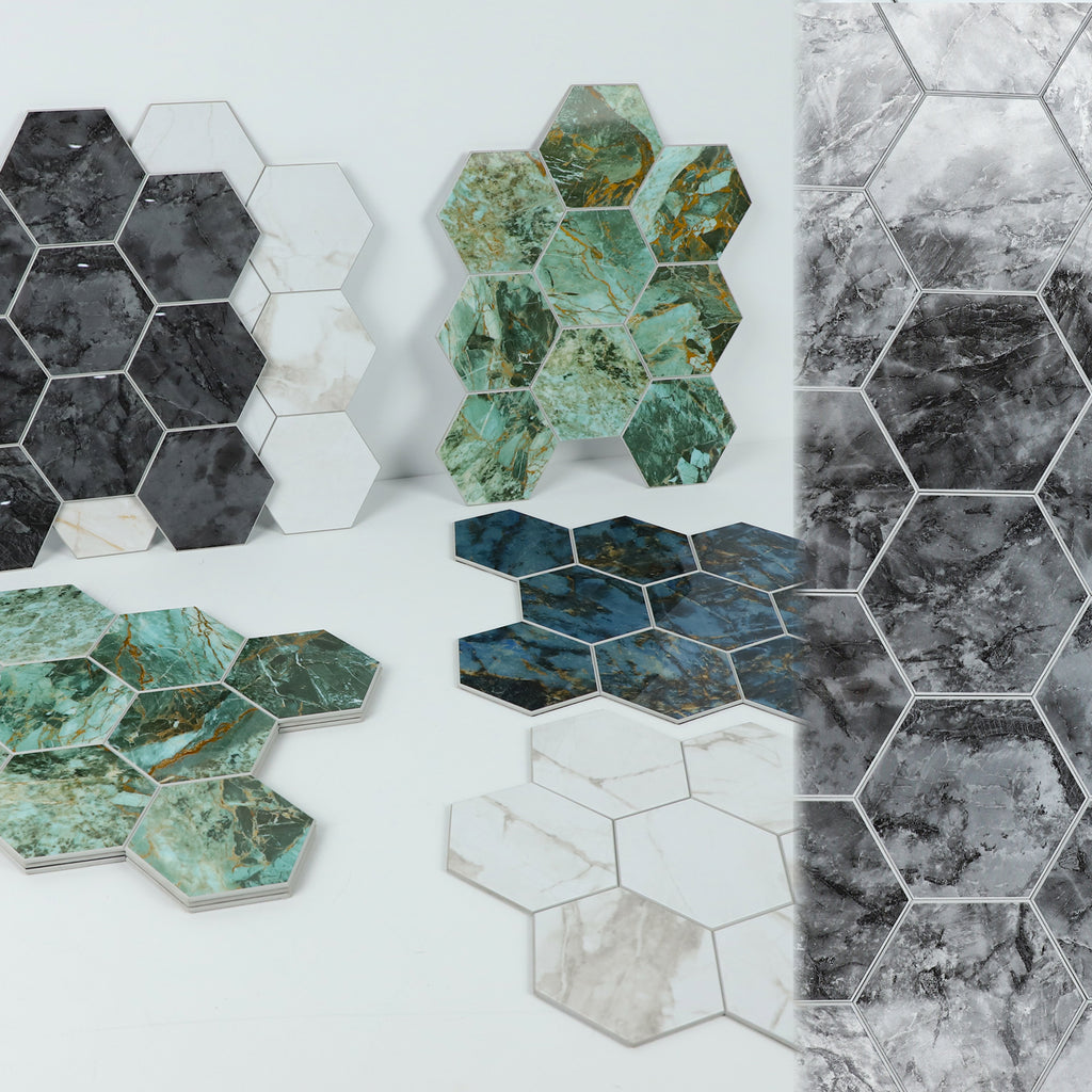3D Gray Marble Hexagon Peel and Stick Wall Tile