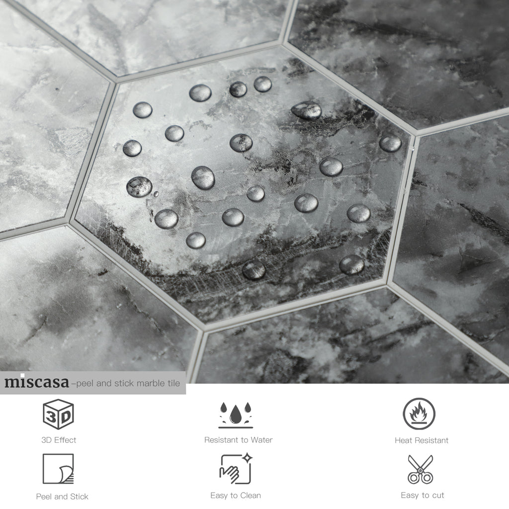 3D Gray Marble Hexagon Peel and Stick Wall Tile
