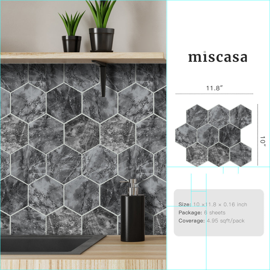 3D Gray Marble Hexagon Peel and Stick Wall Tile