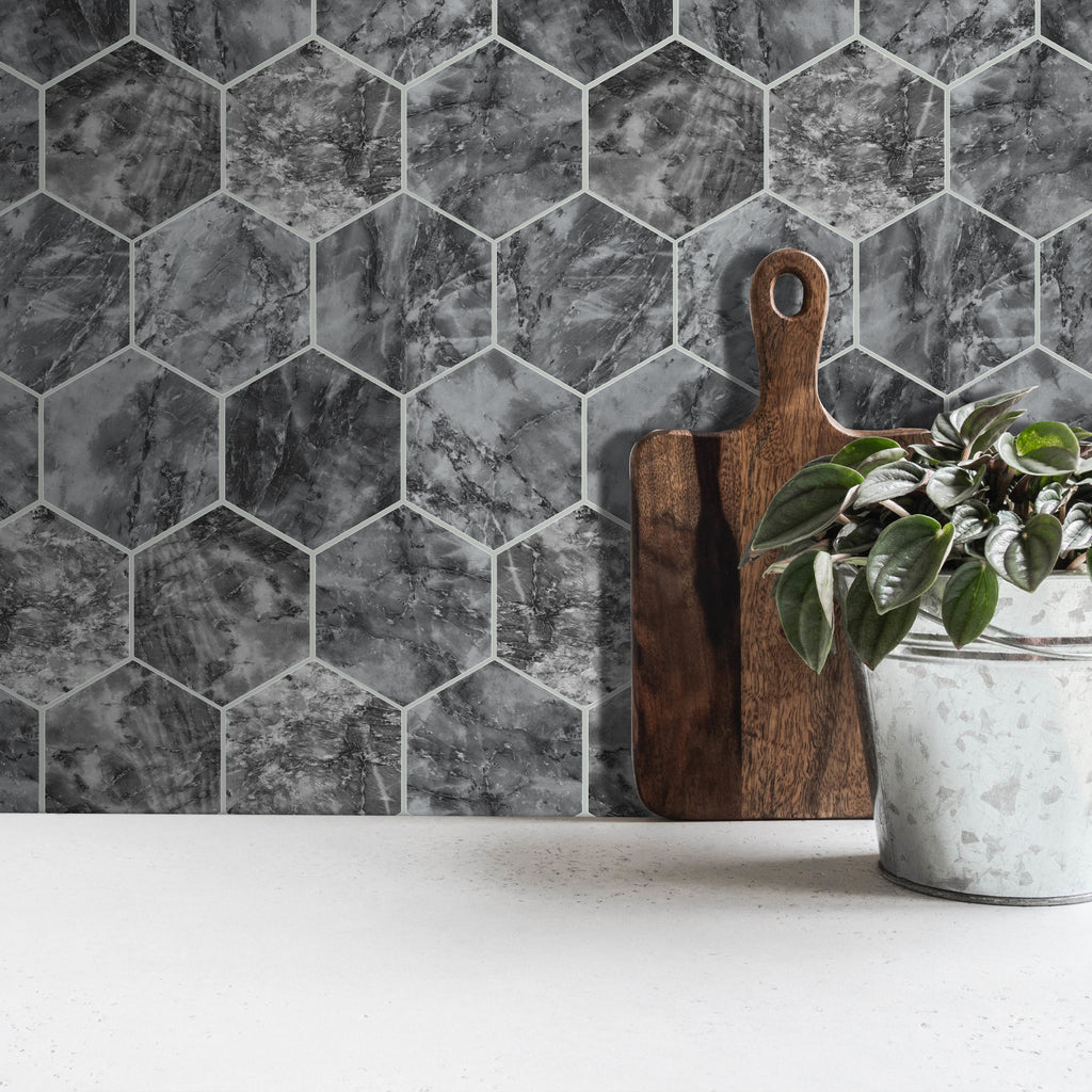 3D Gray Marble Hexagon Peel and Stick Wall Tile