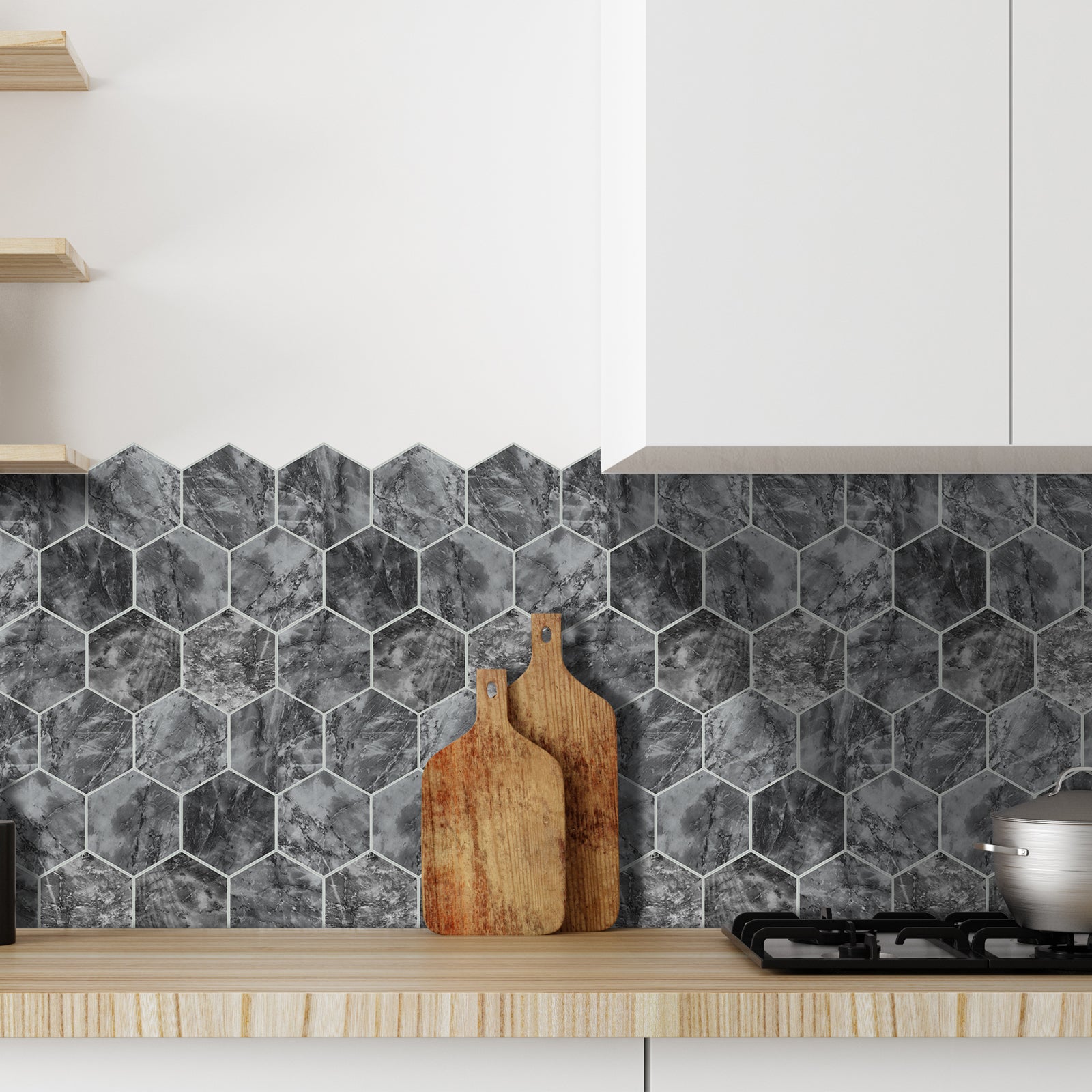 3D Gray Marble Hexagon Peel and Stick Wall Tile