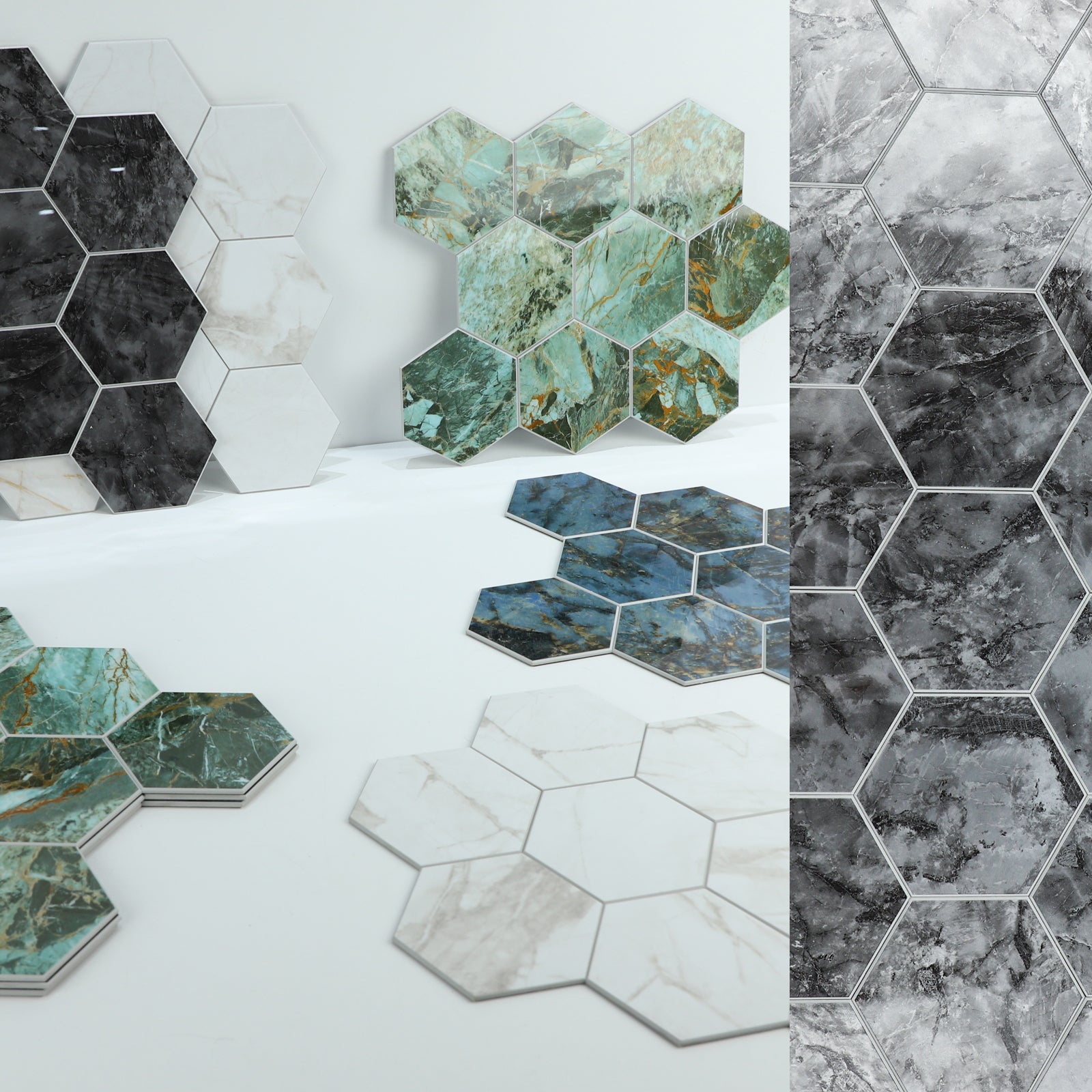3D Gray Marble Hexagon Peel and Stick Wall Tile