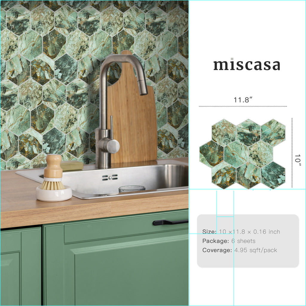 3D Green Marble Hexagon Peel and Stick Wall Tile