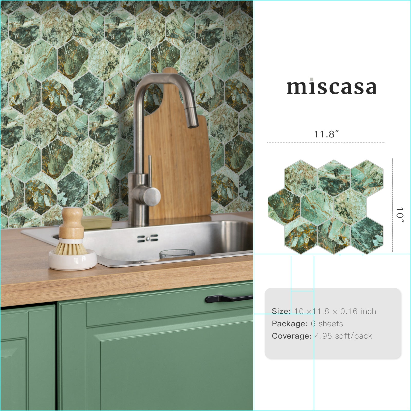 3D Green Marble Hexagon Peel and Stick Wall Tile