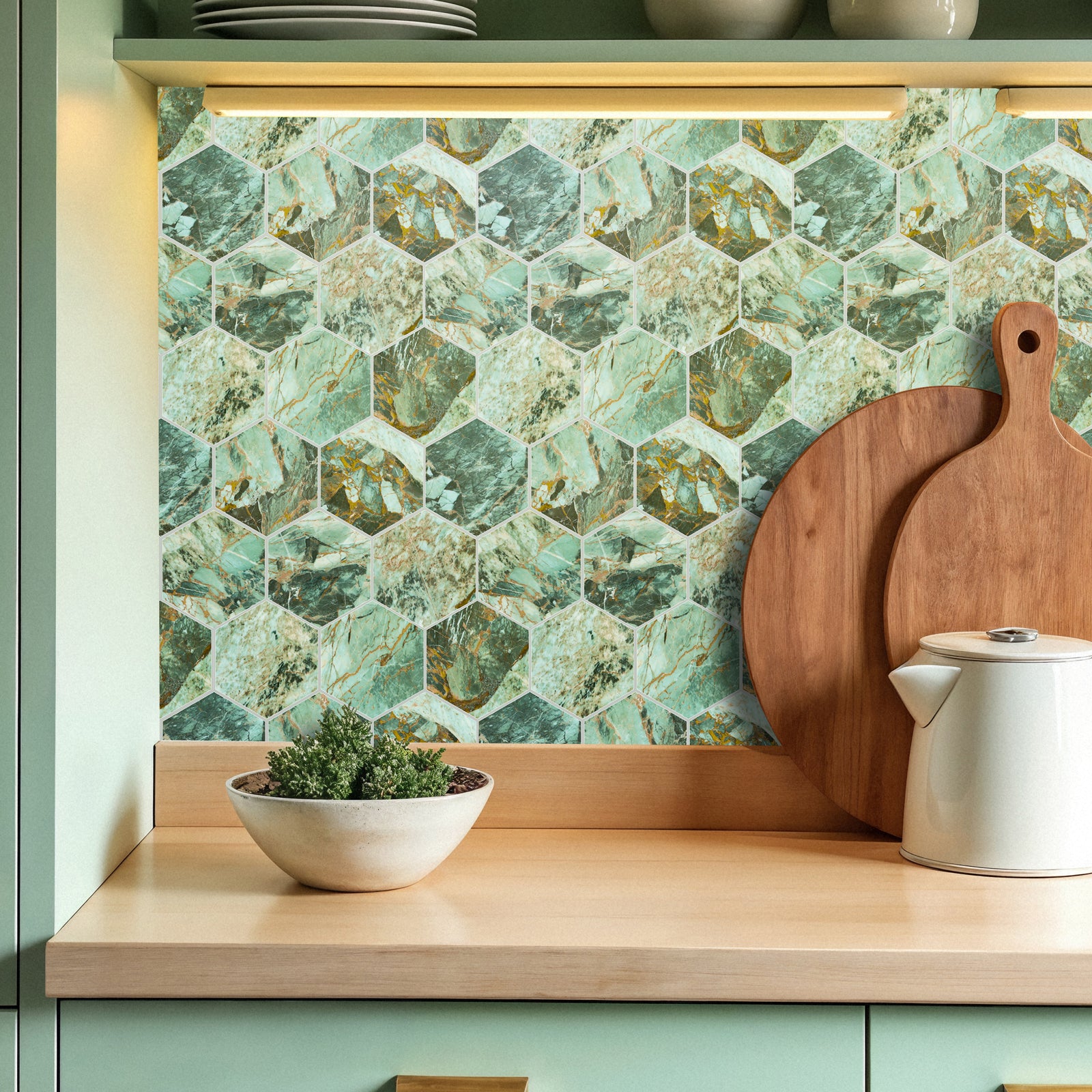 3D Green Marble Hexagon Peel and Stick Wall Tile