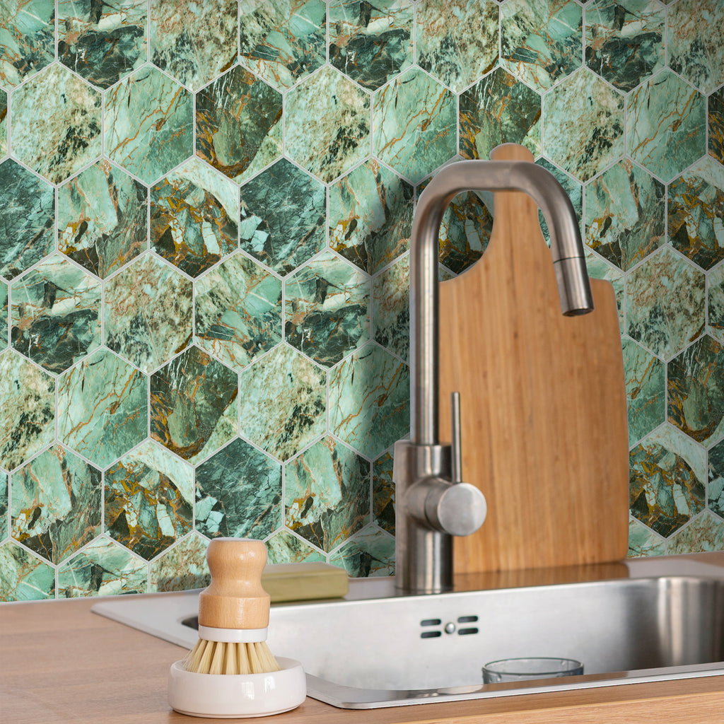 3D Green Marble Hexagon Peel and Stick Wall Tile