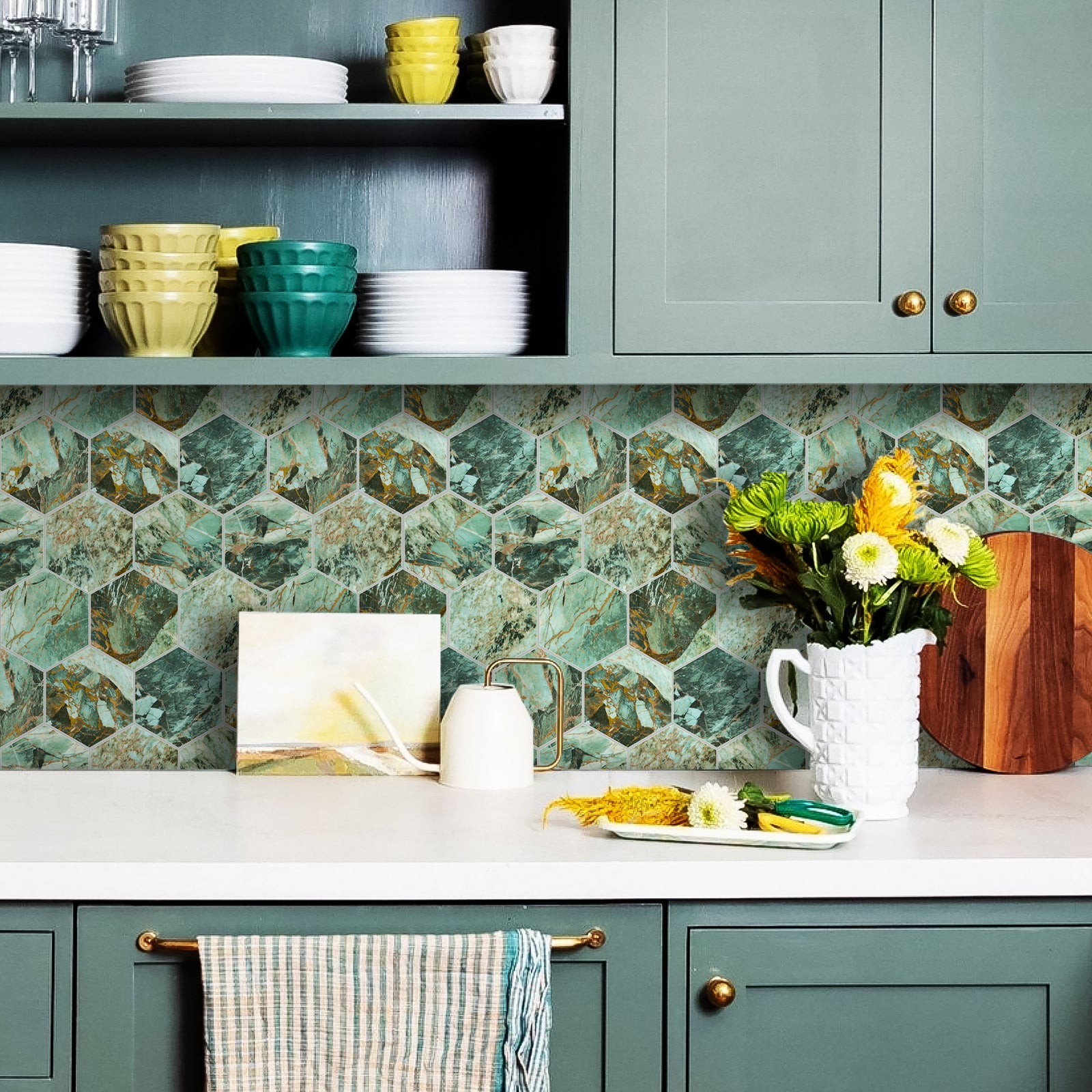3D Green Marble Hexagon Peel and Stick Wall Tile