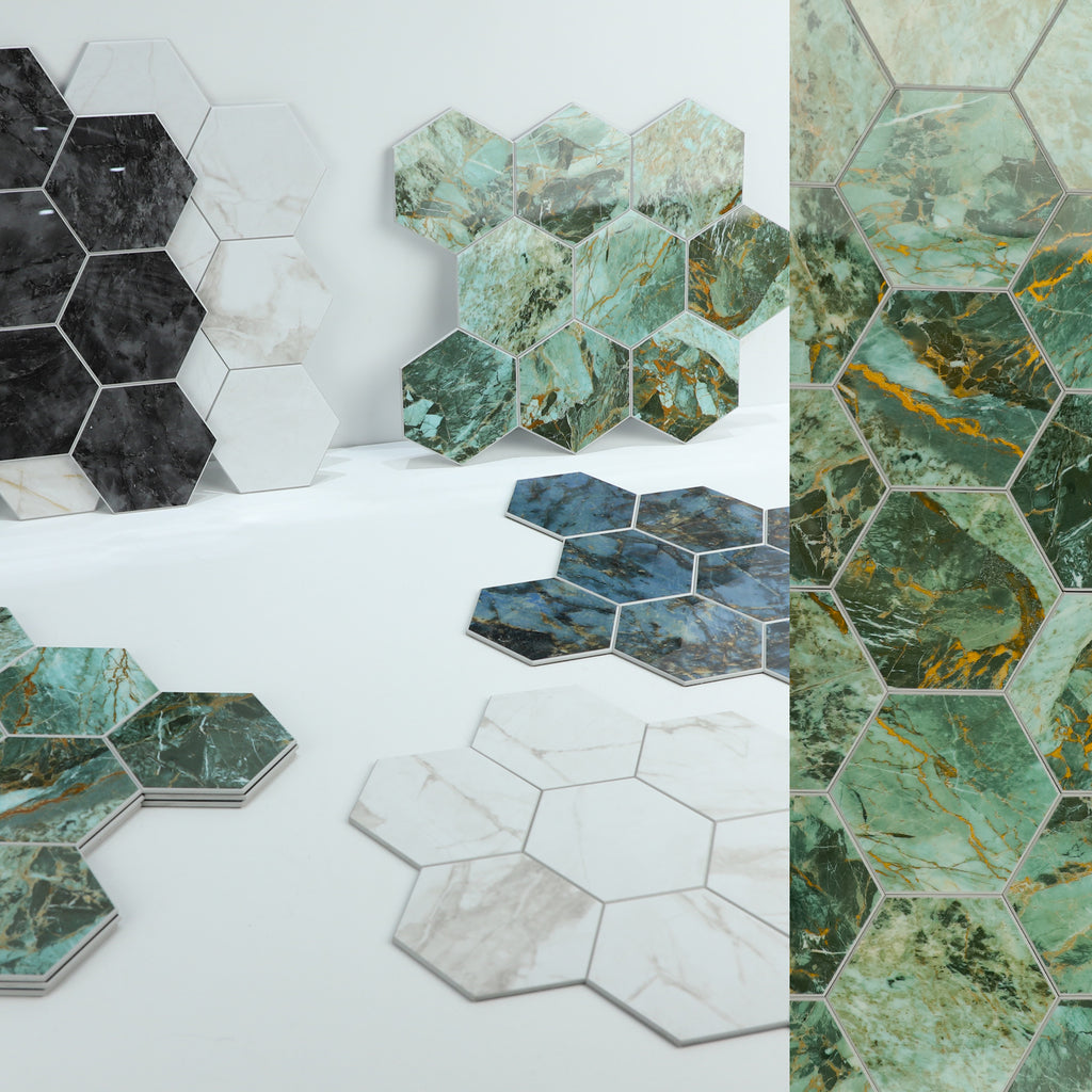 3D Green Marble Hexagon Peel and Stick Wall Tile