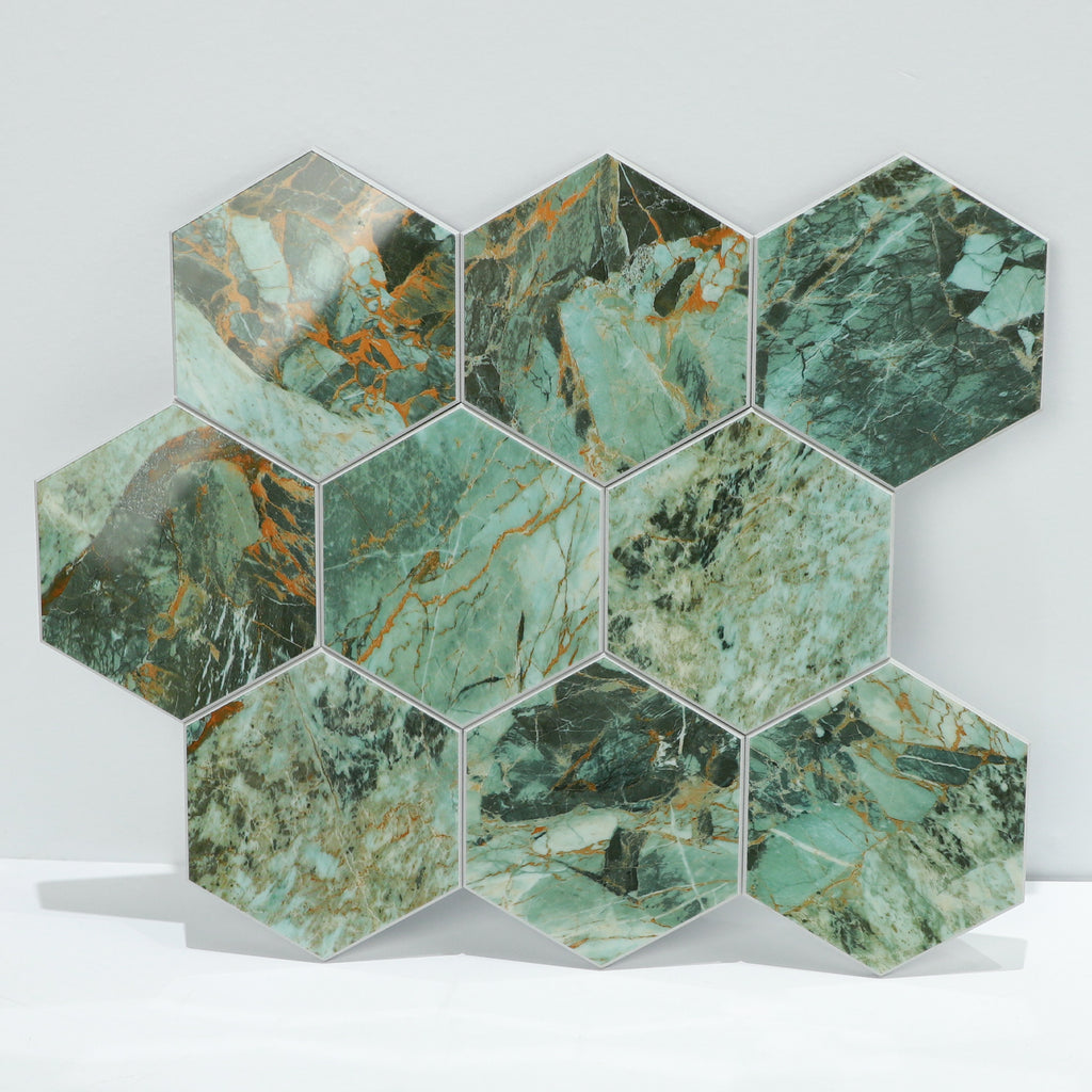 3D Green Marble Hexagon Peel and Stick Wall Tile
