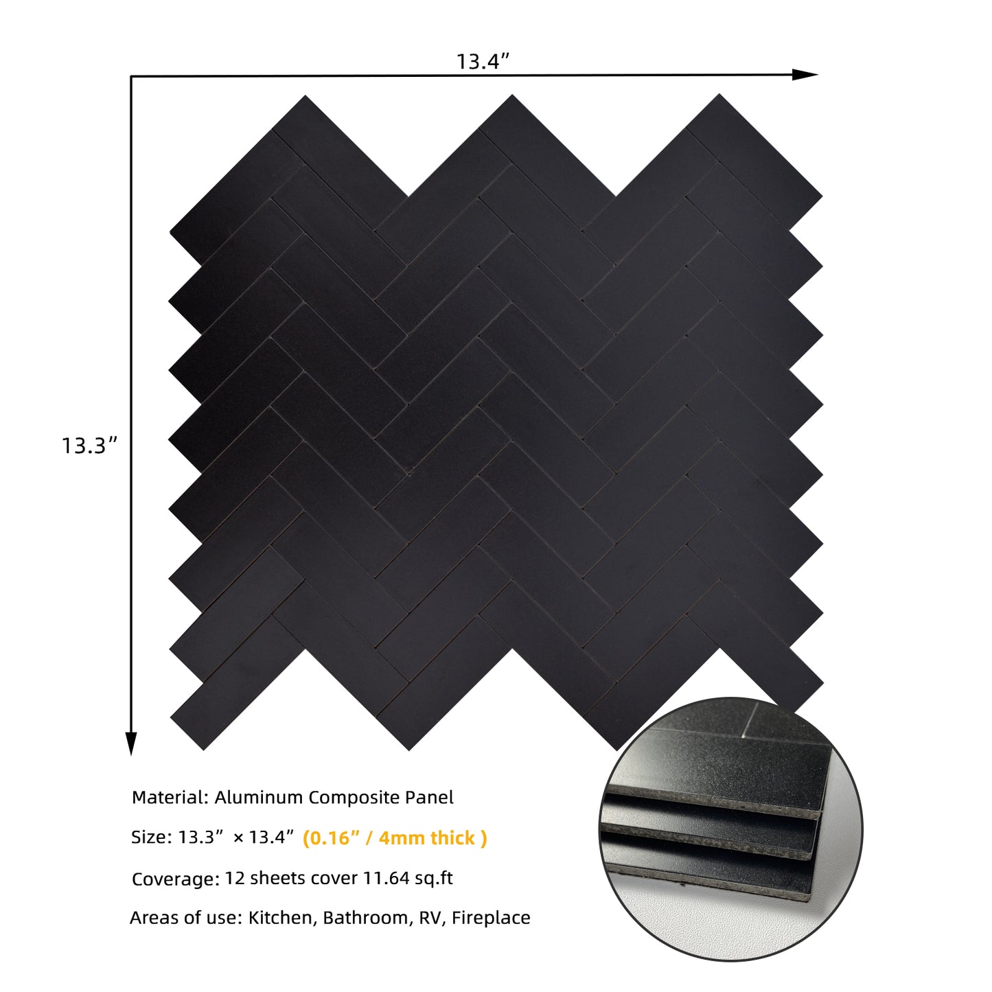 Herringbone Black Peel and Stick Backsplash Tile